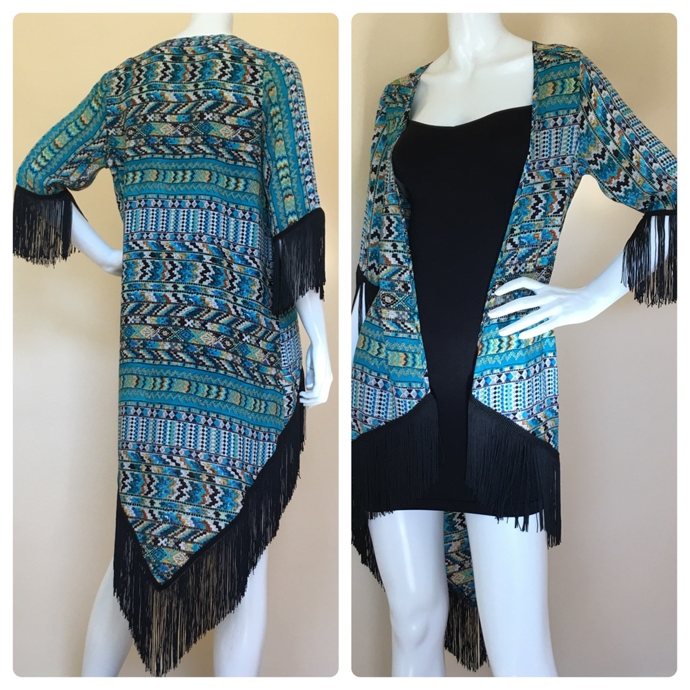 Boho Tribal Print Fringe Open Front Duster/Kimono XS